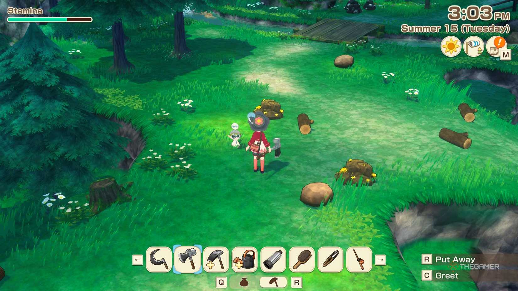 STORY OF SEASONS Grand Bazaar The farmer in the mountains with Webby, surrounded by logs.