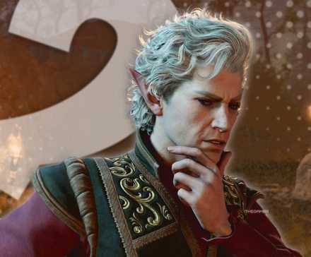 TG Baldur's Gate 3 Astarion Thinking with giant question mark in the background.