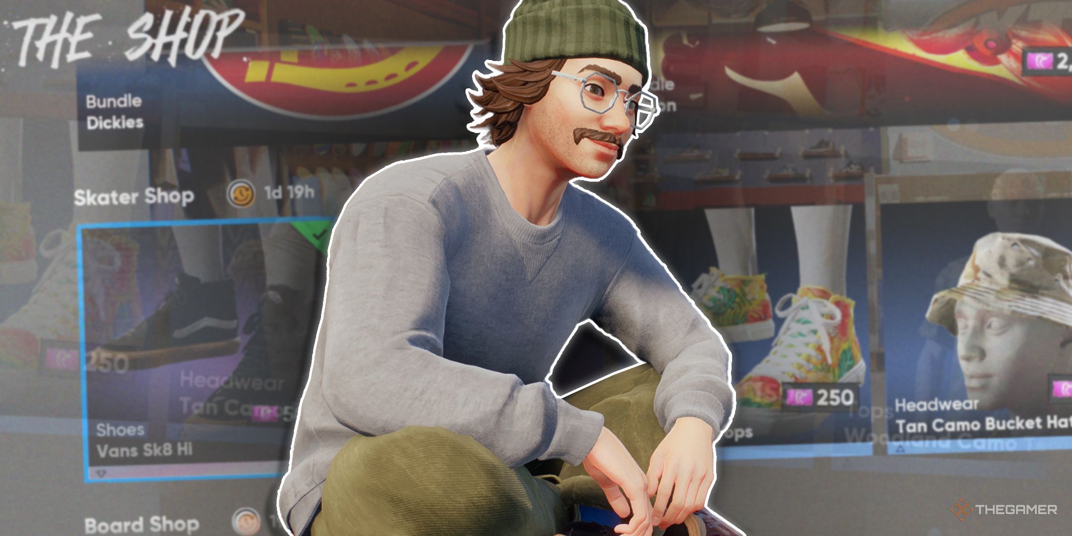 TG Skate character sitting down in front of the storefront pages.