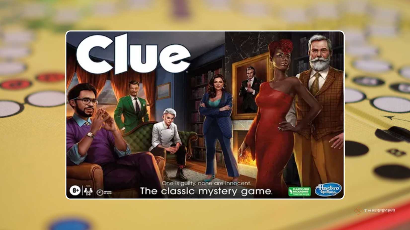 The cover for Clue in front of a vintage board game background.