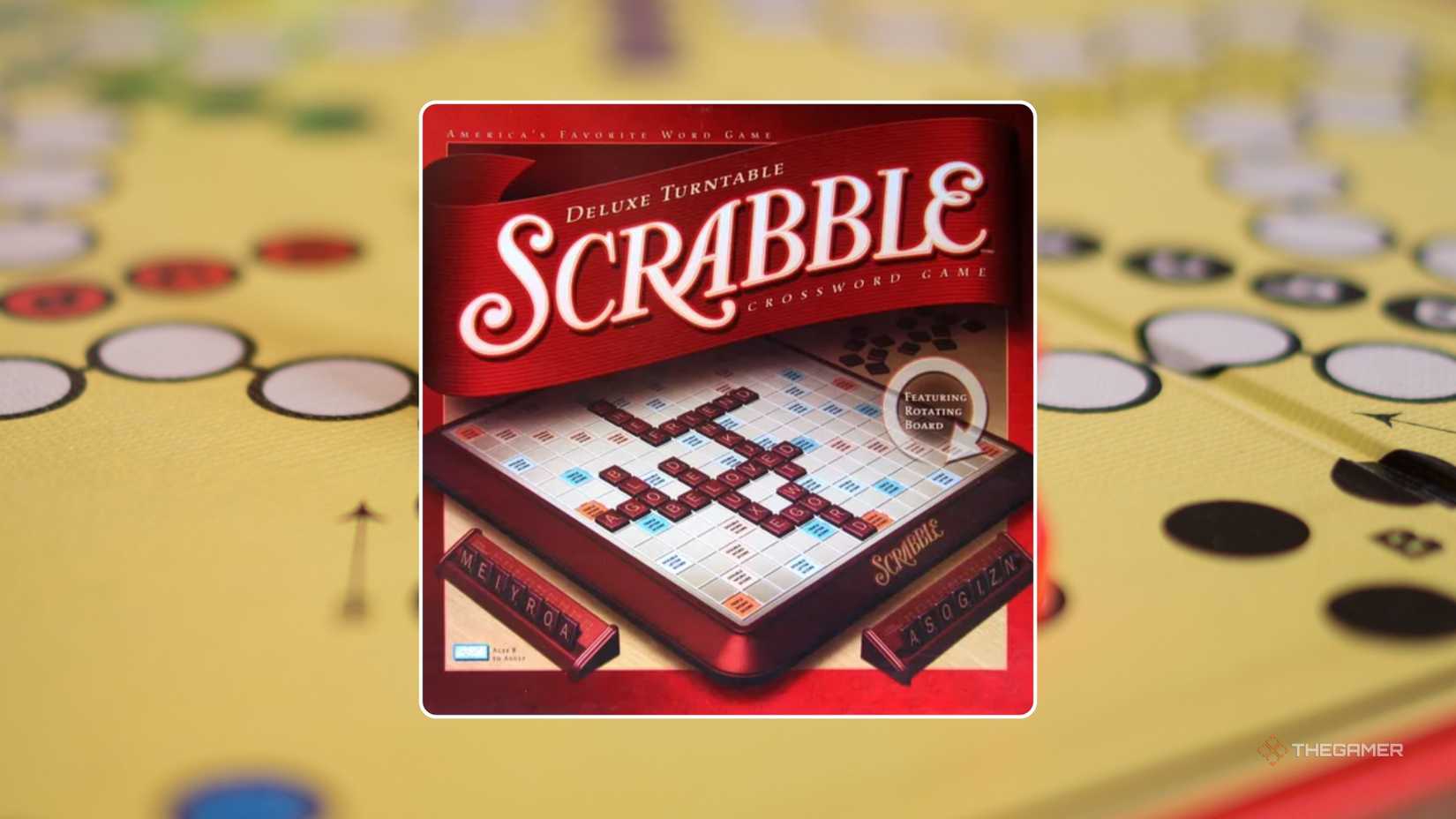 The cover for Scrabble in front of a classic board game background.