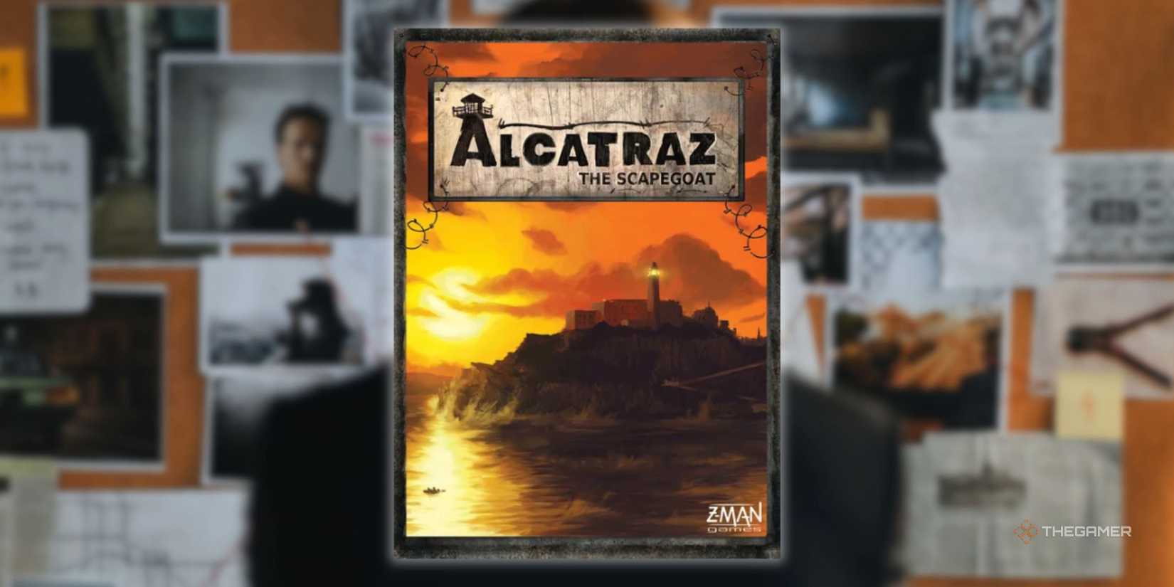 The cover of Alcatraz Sharagoat overlaid on a picture of a man looking at a police card of clues for a hidden traitor -board.