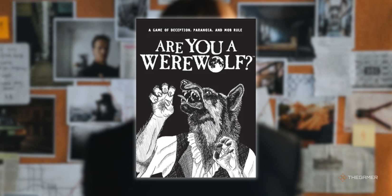 The cover of you is a werewolf that is overlaid on a picture of a man who looks at a police card of clues for a hidden traitor -board.