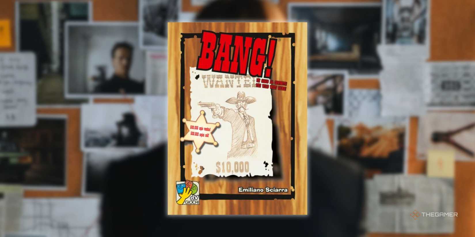The cover of the bang overpowered on a picture of a man looking at a police card with clues for a hidden traitor board.