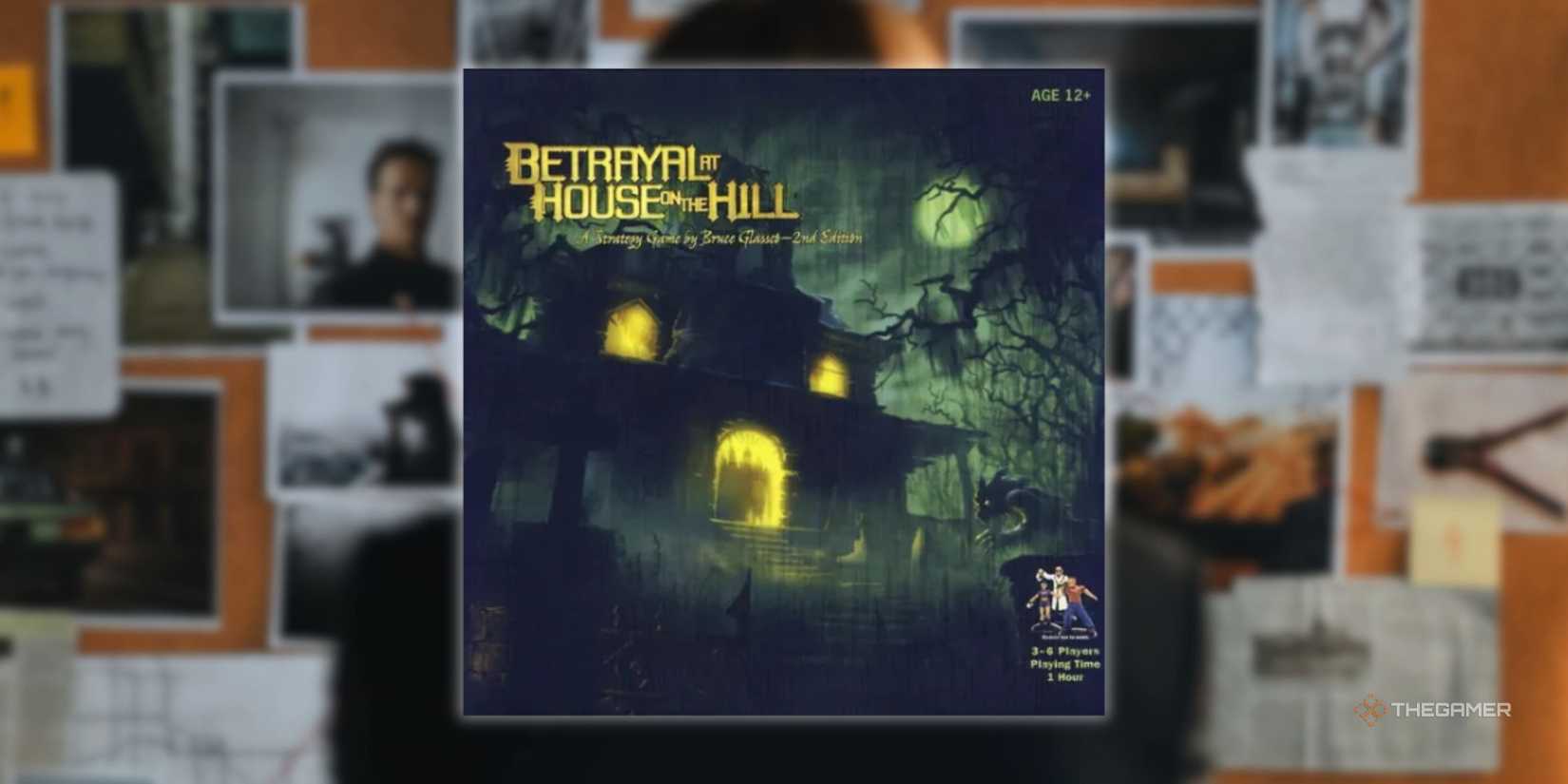 The cover of storage at the house on the hill overlaid on a picture of a man looking at a police card of clues for a hidden traitor board.