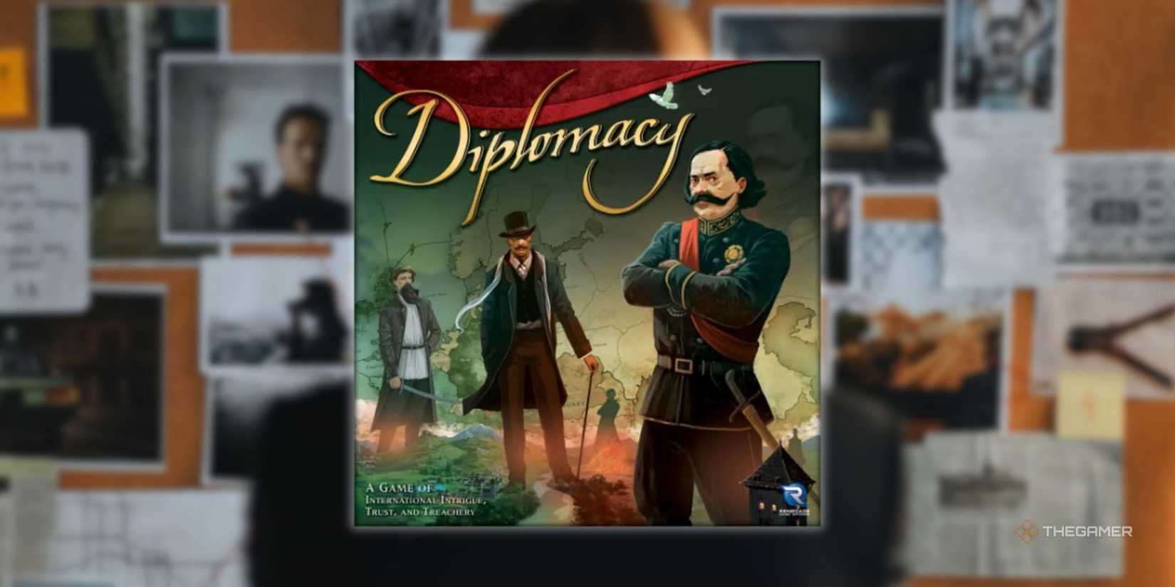 The cover of diplomacy overlaid on a picture of a man looking at a police card of clues for a hidden traitor -board.