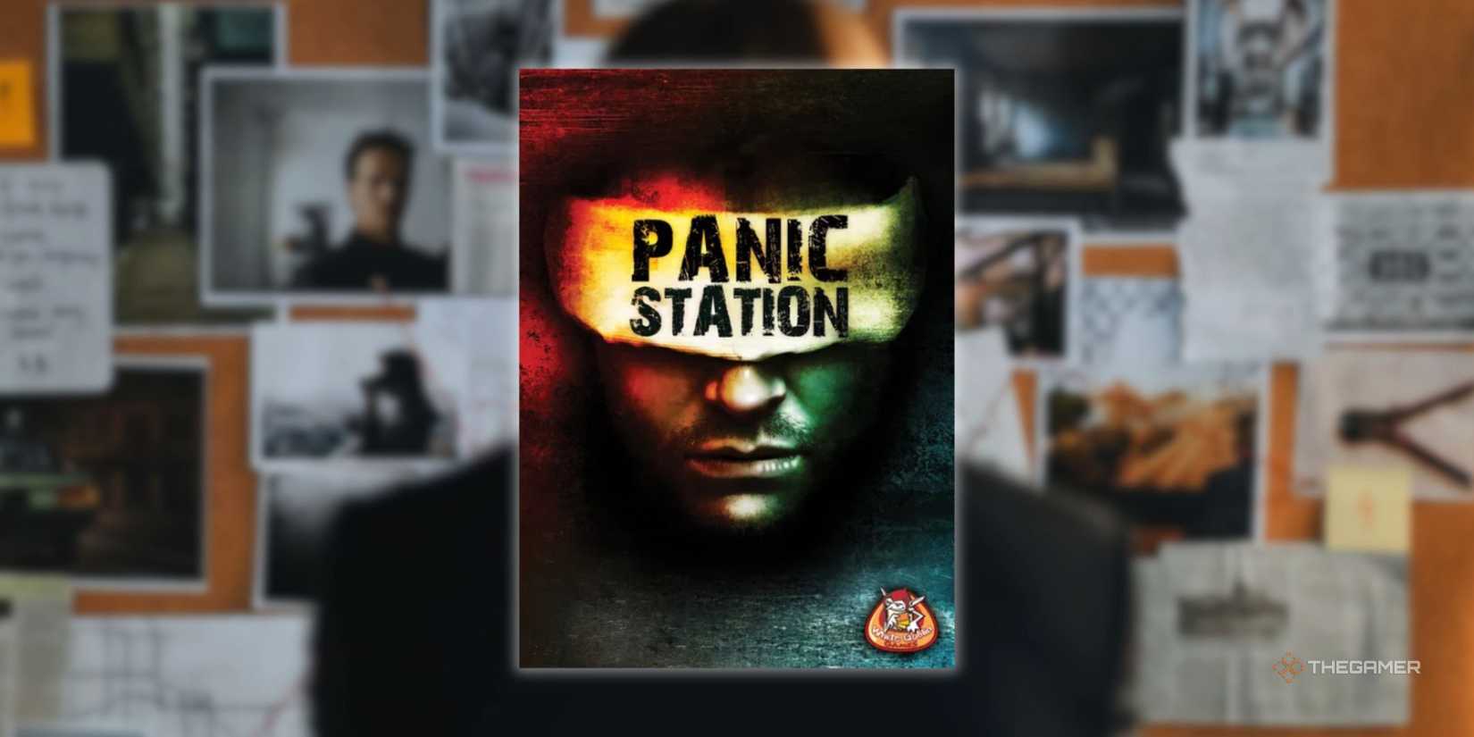The cover of Panic Station overlaid on a picture of a man looking at a police card of clues for a hidden traitor board.