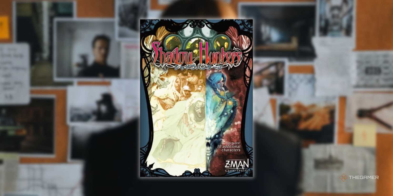 The cover of Shadow Hunters overlaid on a picture of a man looking at a police card of clues for a hidden traitor -board.