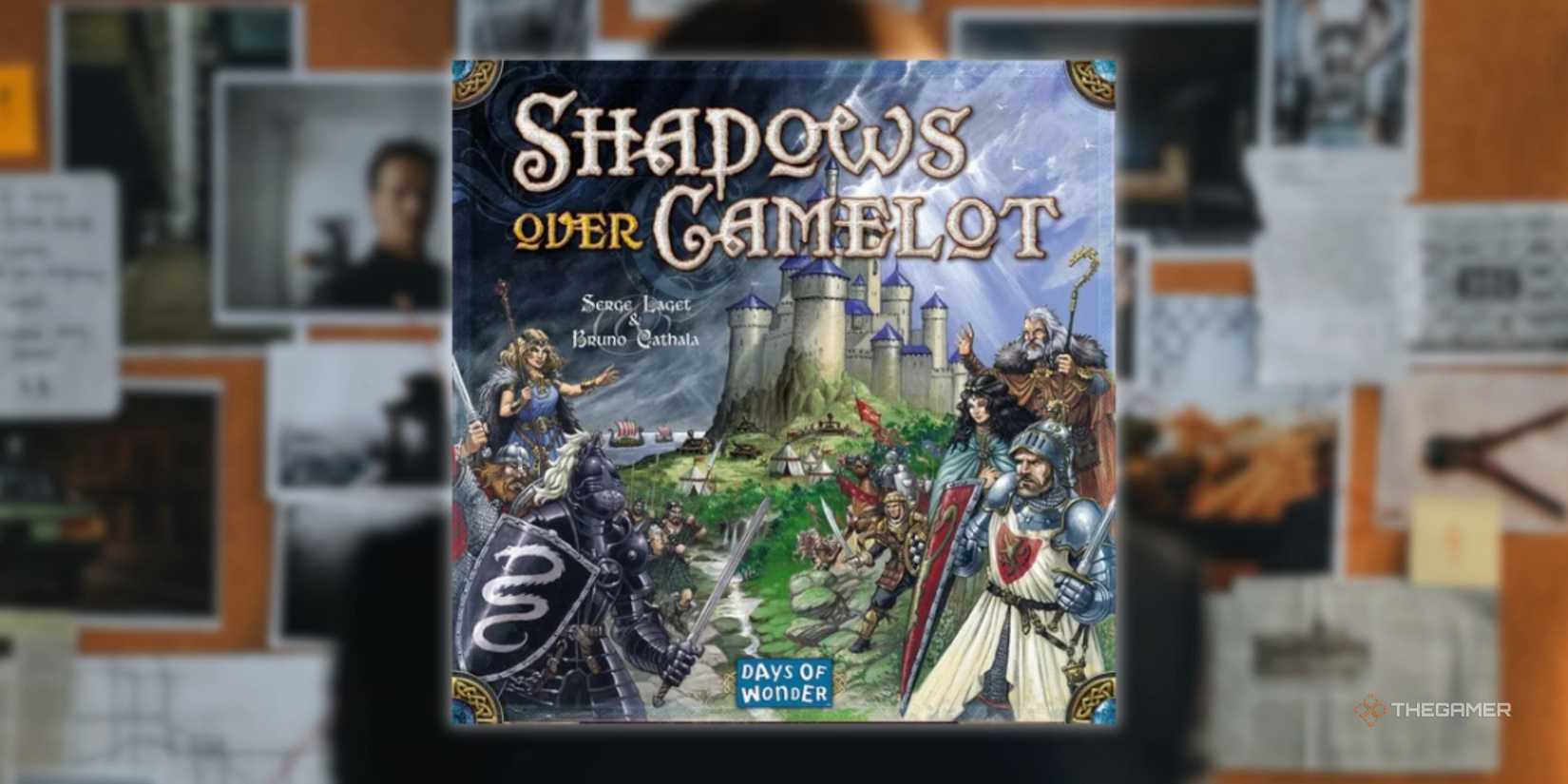 The cover of shadows over Camelot overlaid on a picture of a man looking at a police card of clues for a hidden traitor board.