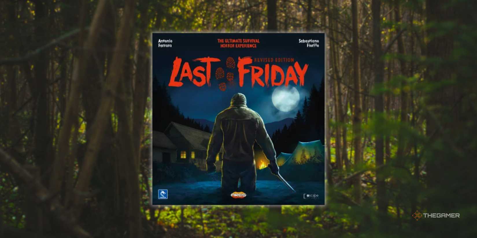 The front of the board game in front of a terrible forest.