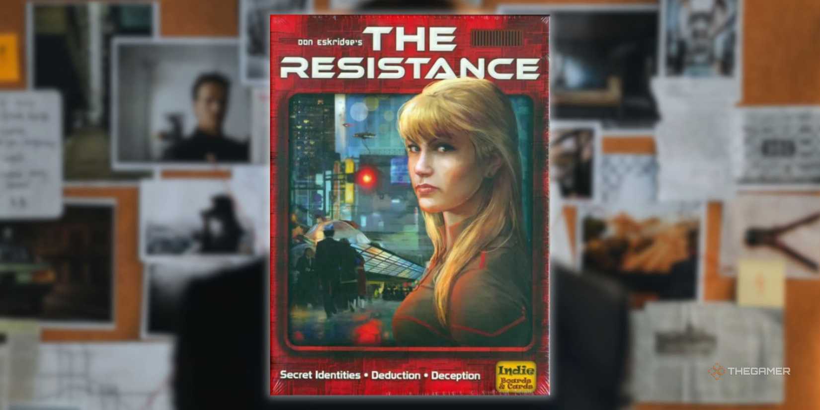 The cover of the resistance overeated on a picture of a man looking at a police card of clues for a hidden traitor board.