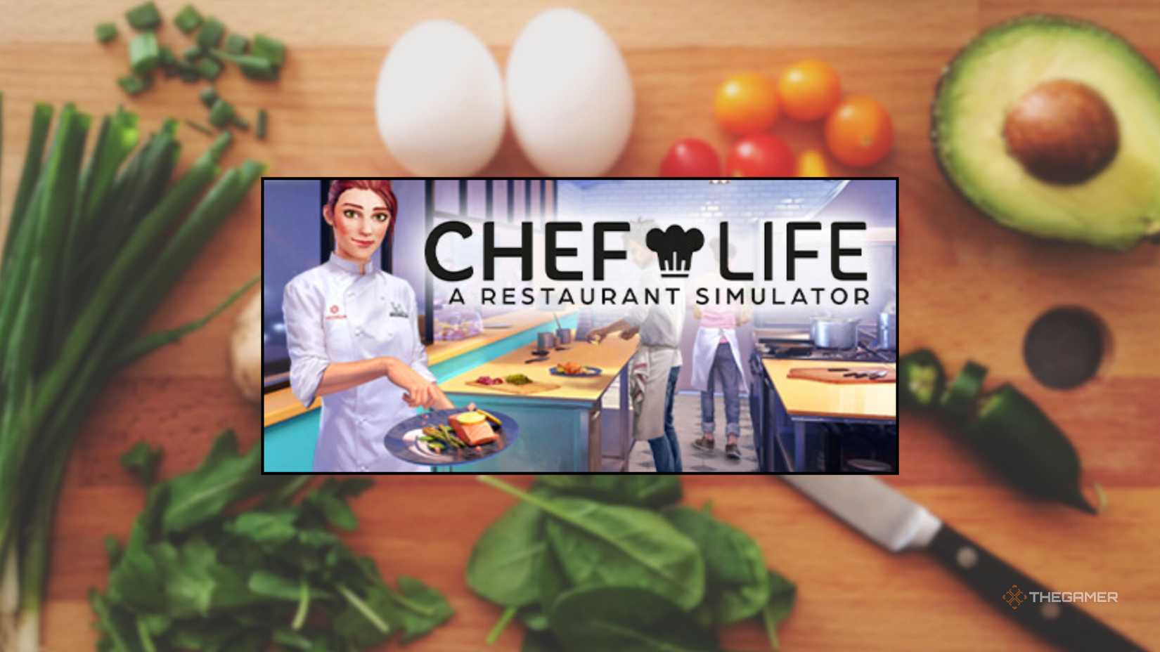 The logo for Chef Life in front of a cutting board full of vegetables to cook with.