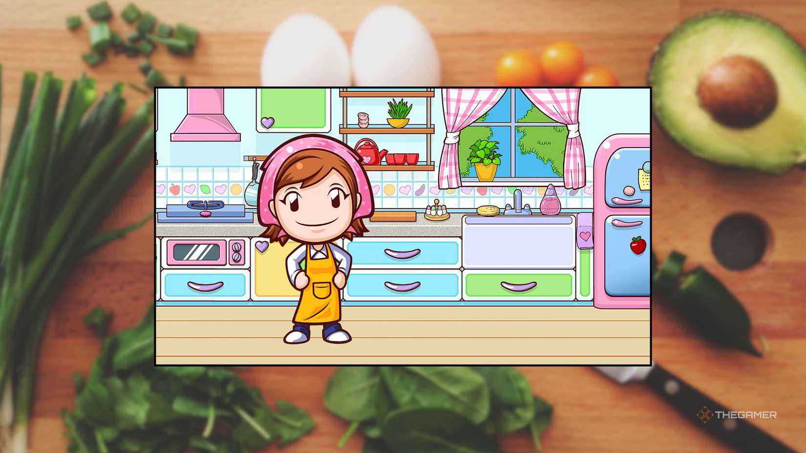 The logo for Cooking Mama in front of a cutting board full of vegetables to cook with.