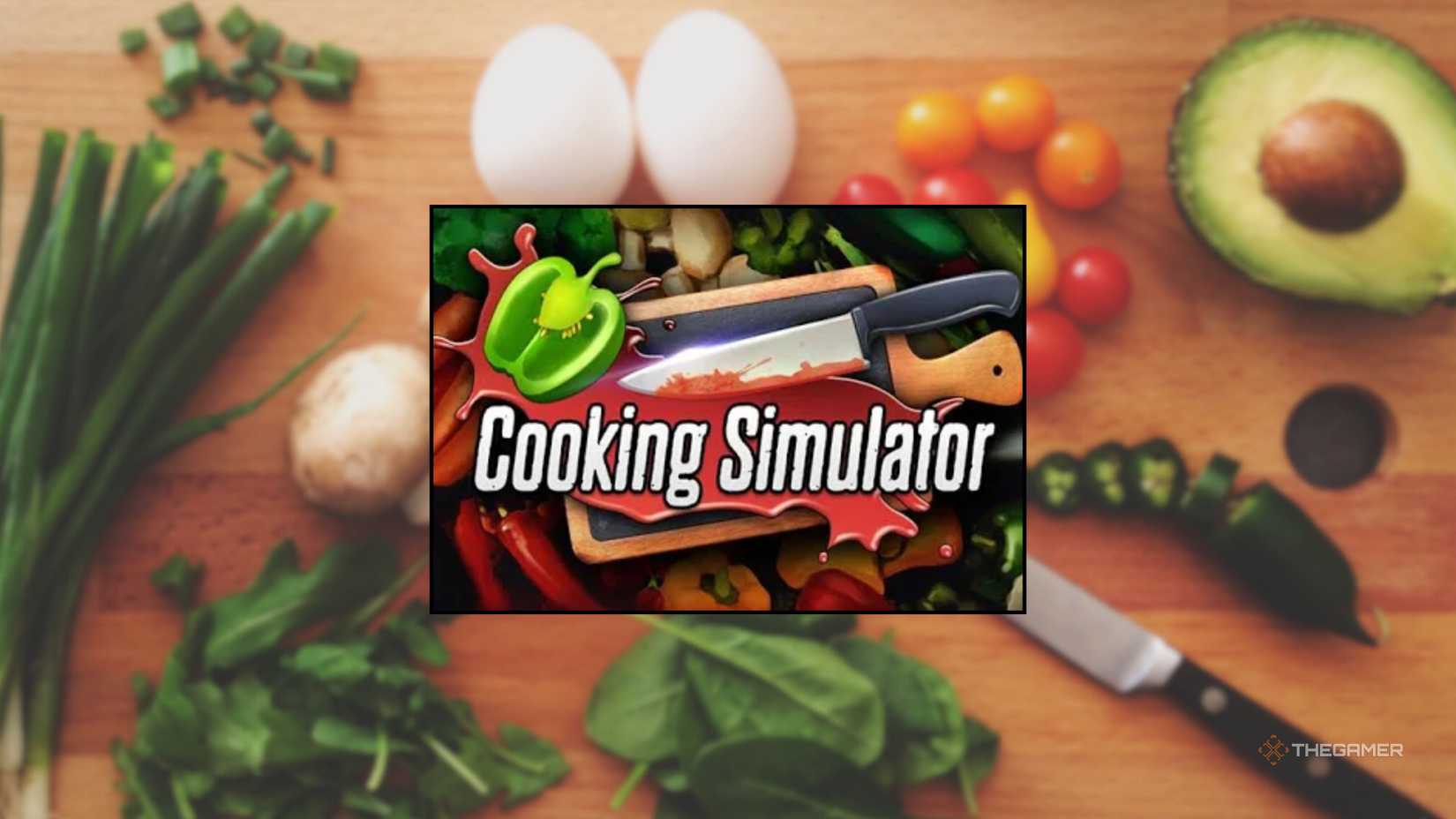 The logo for Cooking Simulator in front of a cutting board full of vegetables to cook with.