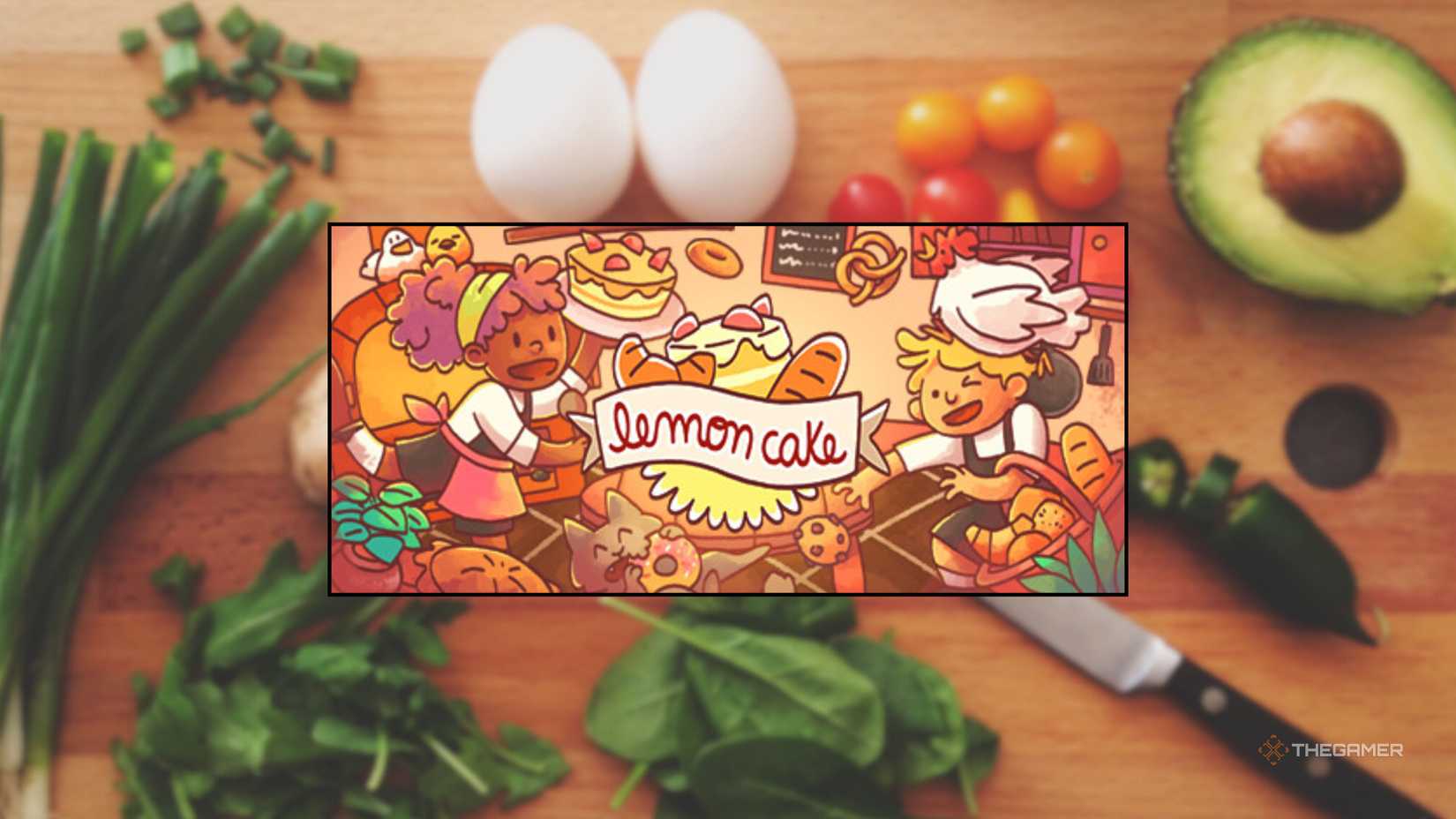 The logo for Lemon Cake in front of a cutting board full of vegetables to cook with.