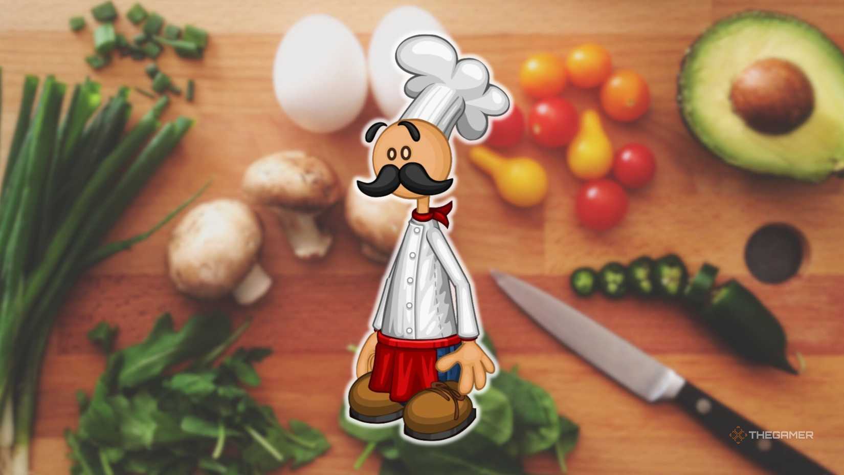 The logo for the Papa Louie games in front of a cutting board full of vegetables to cook with.