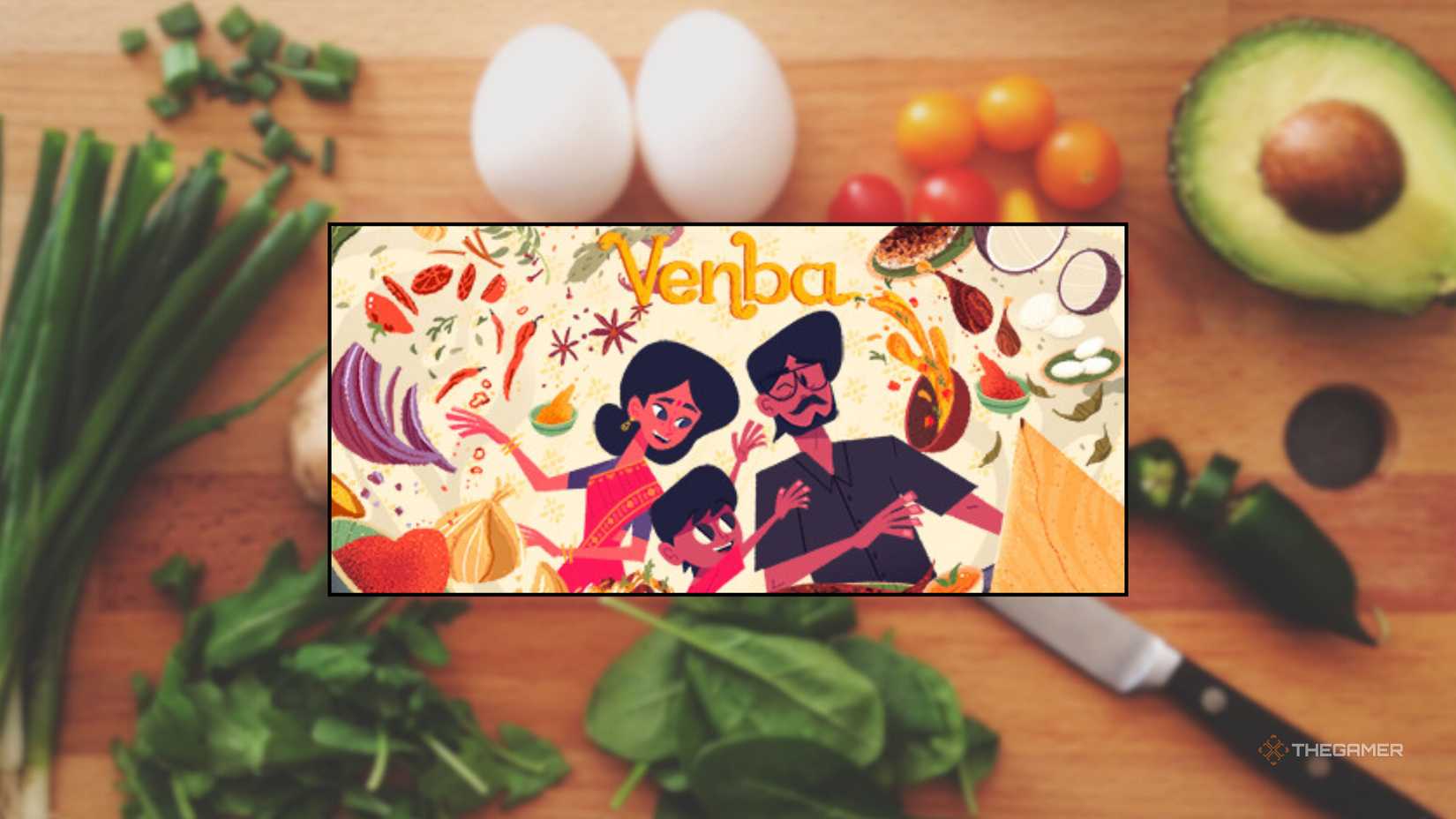 The logo for Venba in front of a cutting board full of vegetables to cook with.