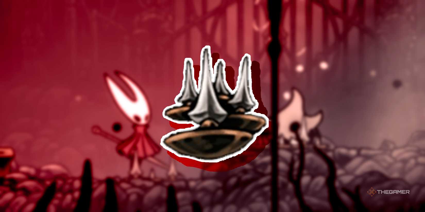 Hollow Knight: A tack red tool used in the background of Silksong.