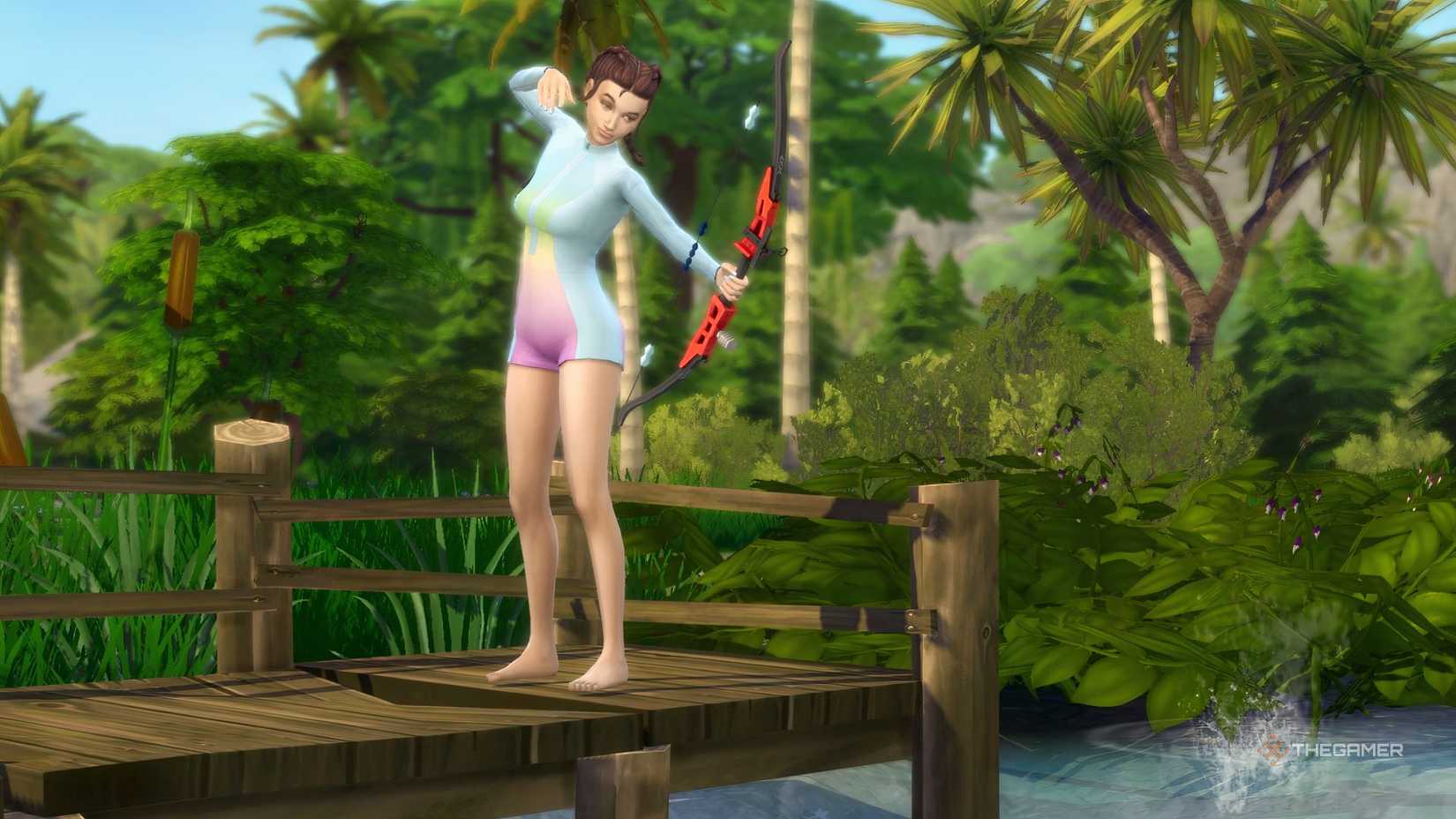 TS4 Adventure Awaits A Sim bow fishing in the river.