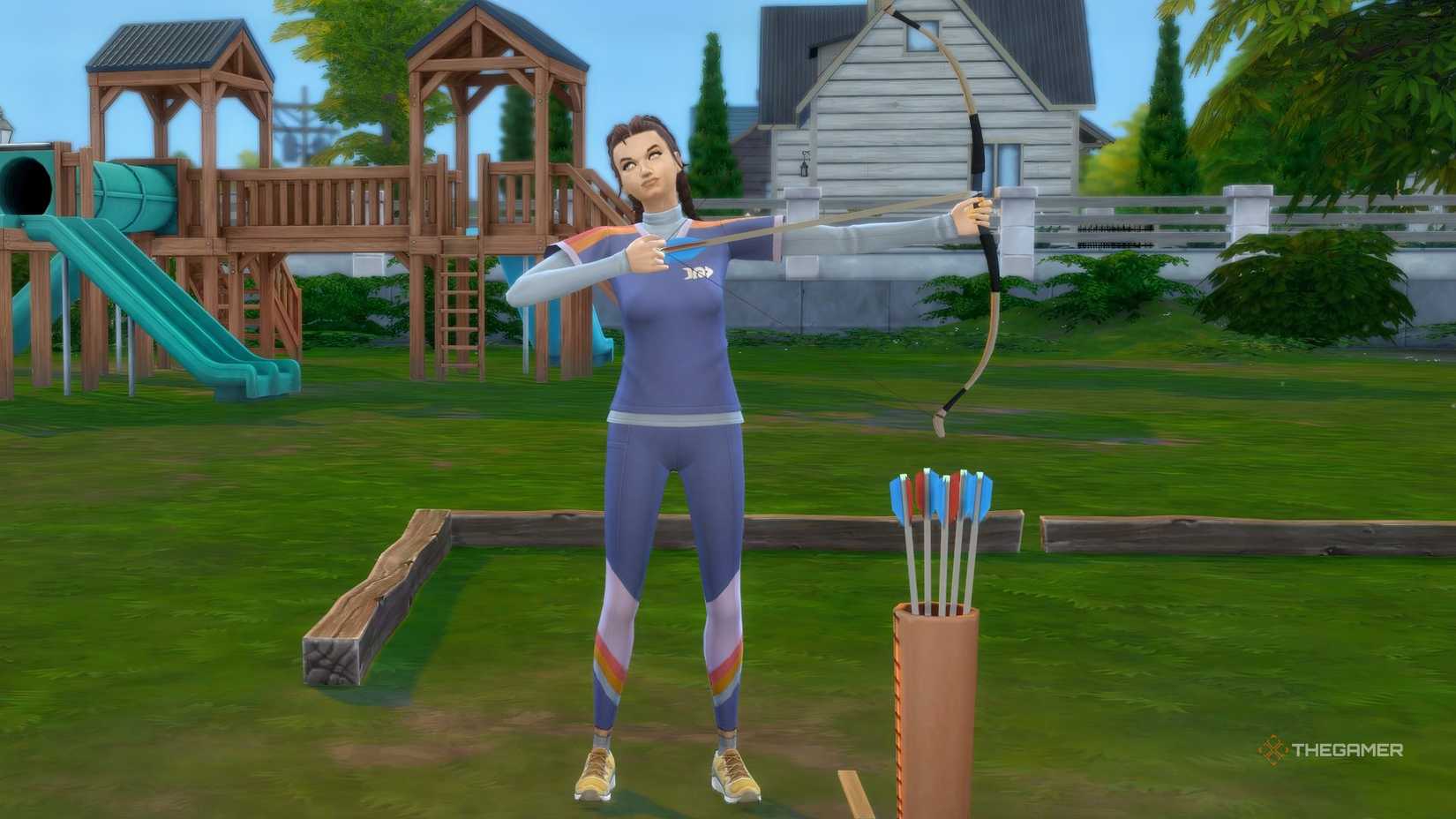 TS4 Adventure Awaits A Sim doing archery with a beginner bow.