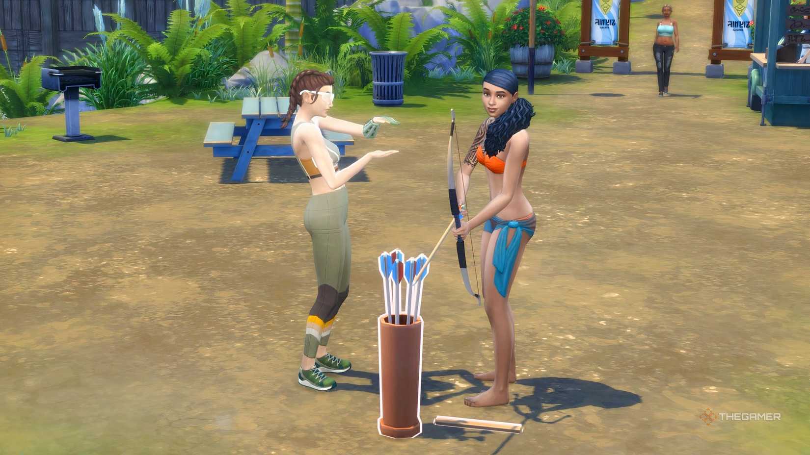 TS4 Adventure Awaits A Sim mentoring another in archery.