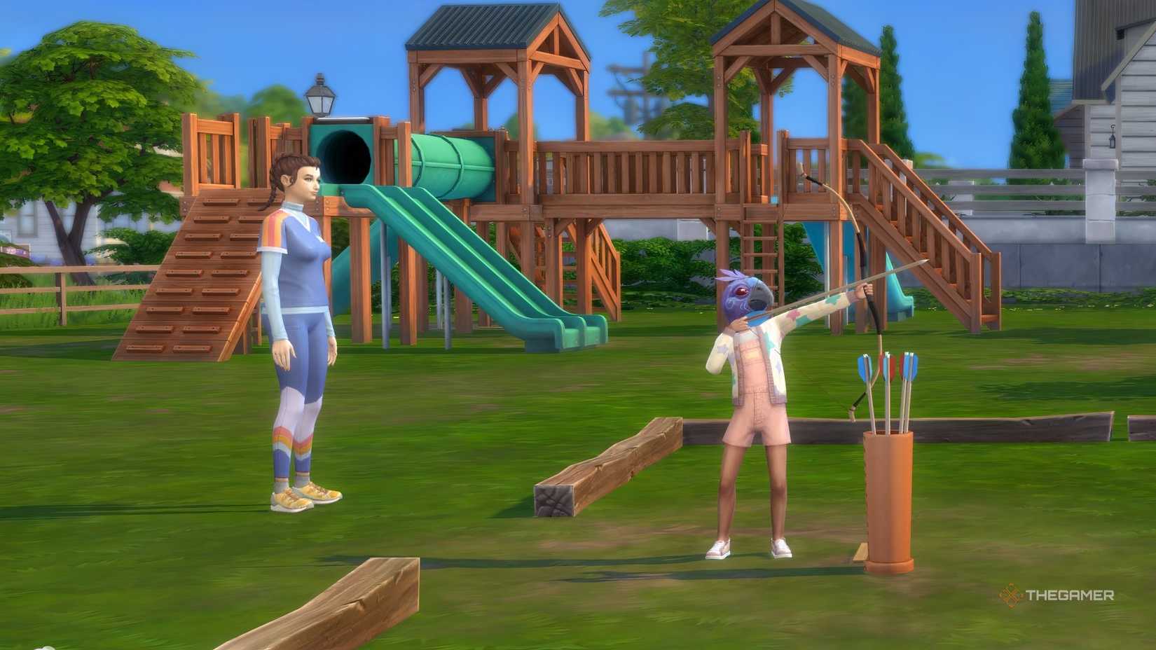 TS4 Adventure Awaits A Sim playing archery in a competition with a child in a mask.
