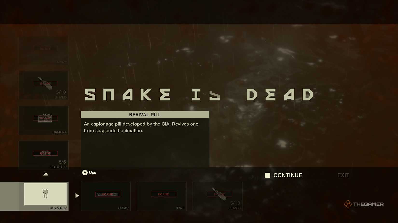 Metal Gear Solid Delta Snake Eaters use revival pills on the screens of death.