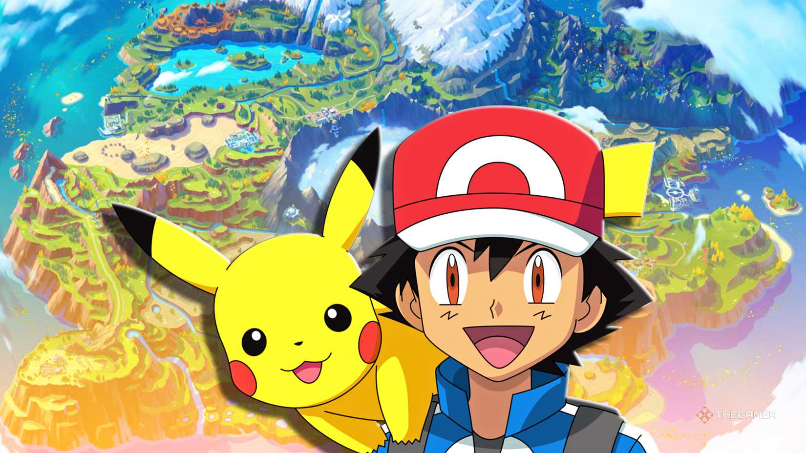 Ash and Pikachu with a sprawling Pokemon world map behind them.