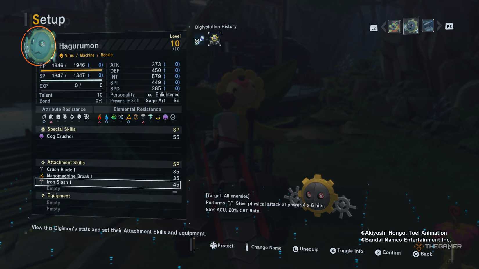 Screen setting for ten Hagurumon shows its equipped skills such as Iron Slash and Digimon Story: Time Stranger.