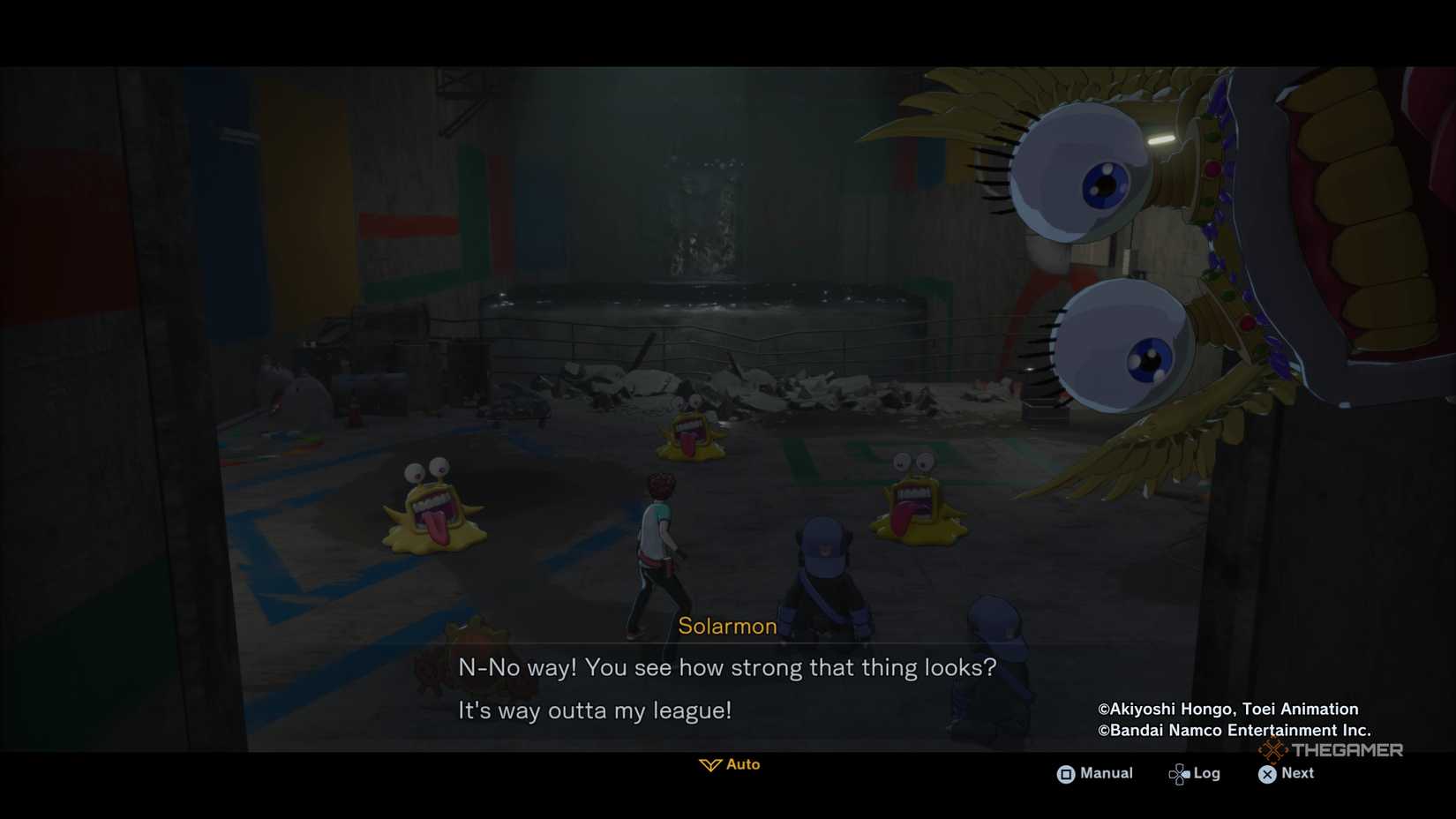 Digimon Story: In Time Stranger, agents, bearmon brothers, and solarmon confront the three geremon, and Platinumemon crawls in the background.