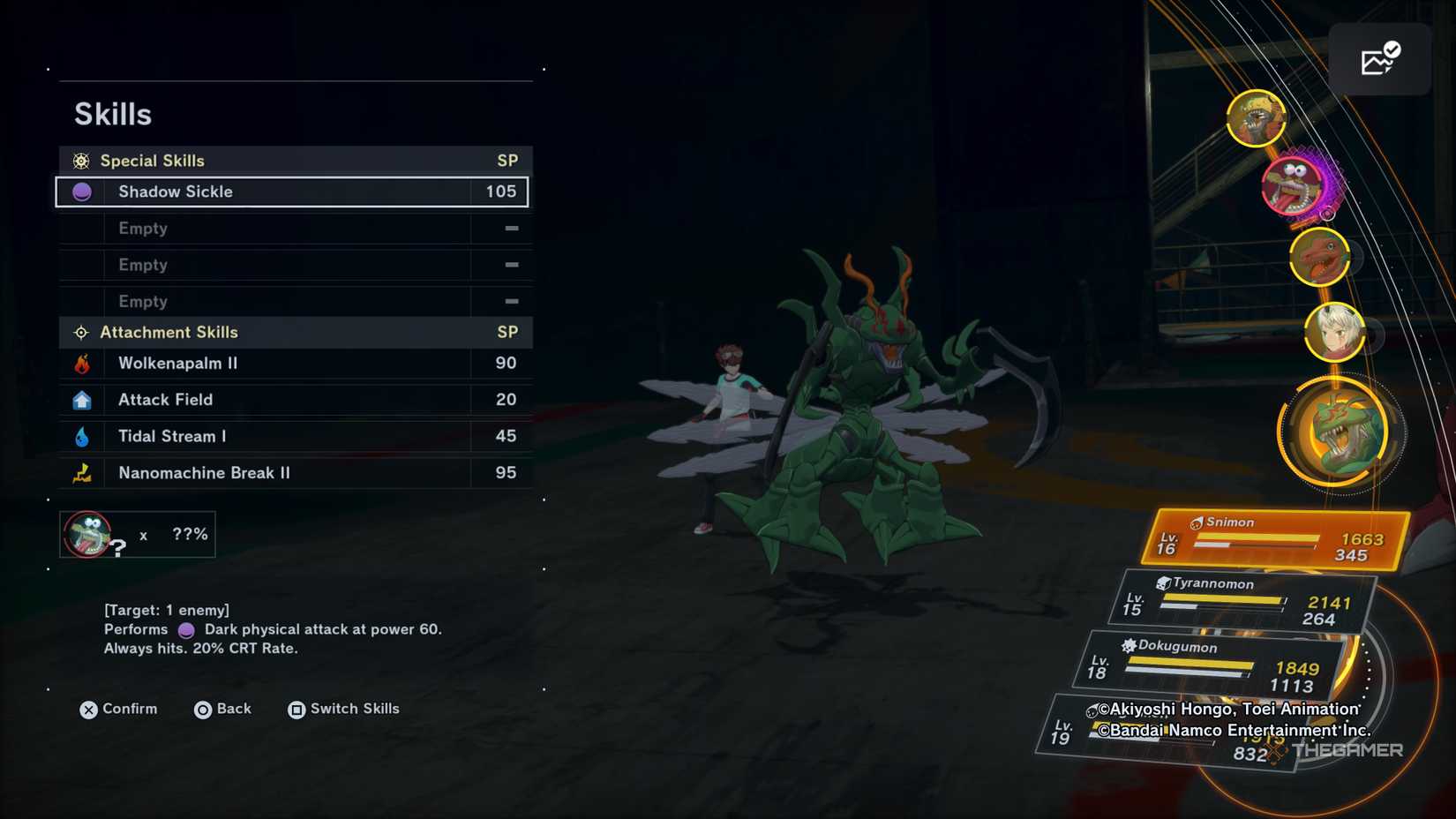 Digimon Story: Close -up of Snimon in a battle that shows the skills attached to the time strainer and a signature technology.