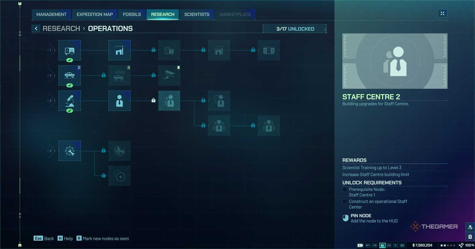 Jurassic World Evolution 3's UI menu showing the research area.
