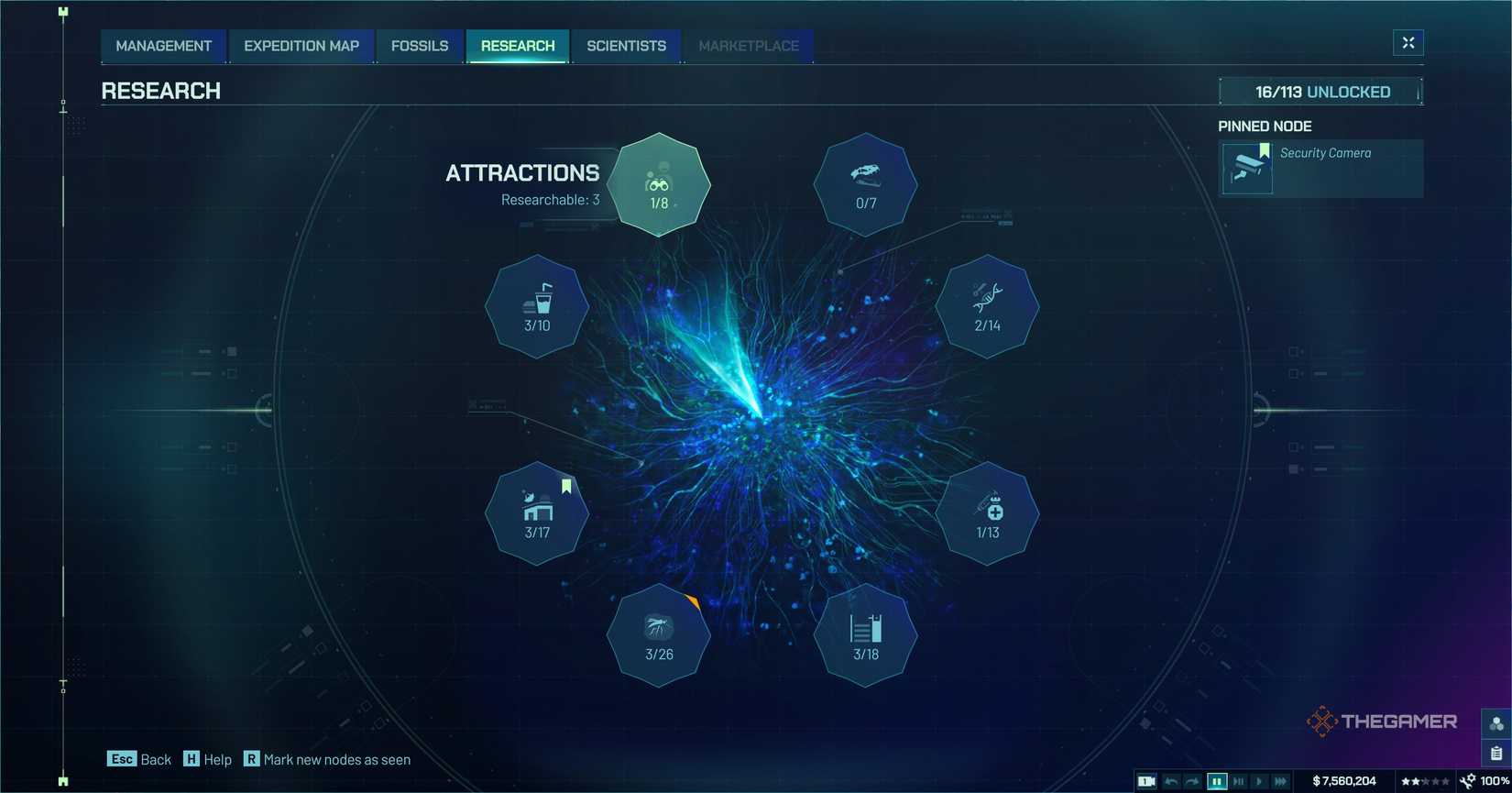 Jurassic World Evolution 3's UI menu showing the research area.