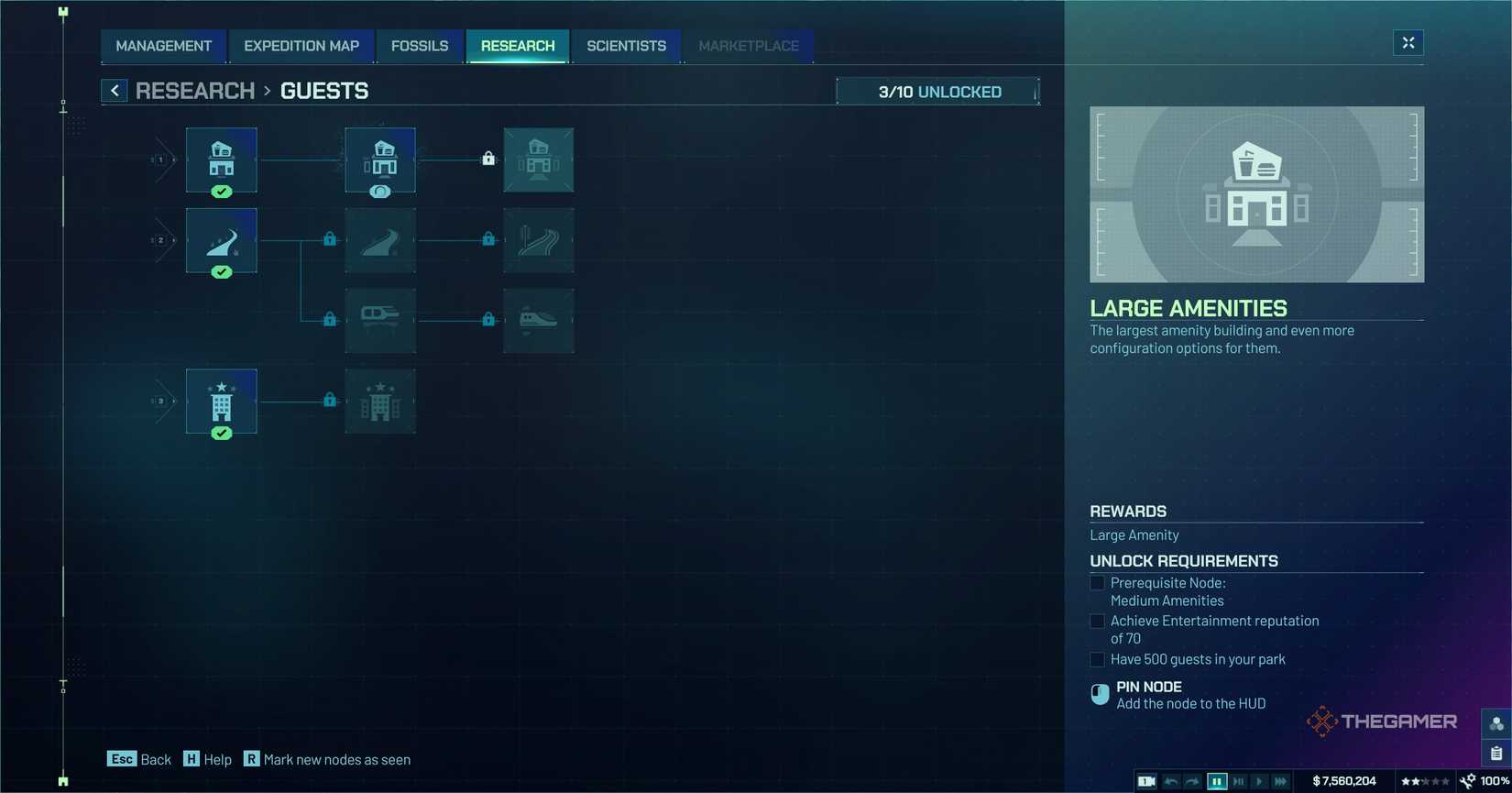 Jurassic World Evolution 3's UI menu showing the research area.