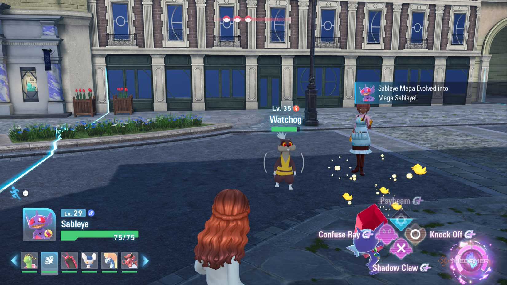 Sableye بازیکن برای به دست آوردن مخاطبین رنگی در Pokemon Legends: ZA با Watchog یک هنرمند مبارزه می کند.