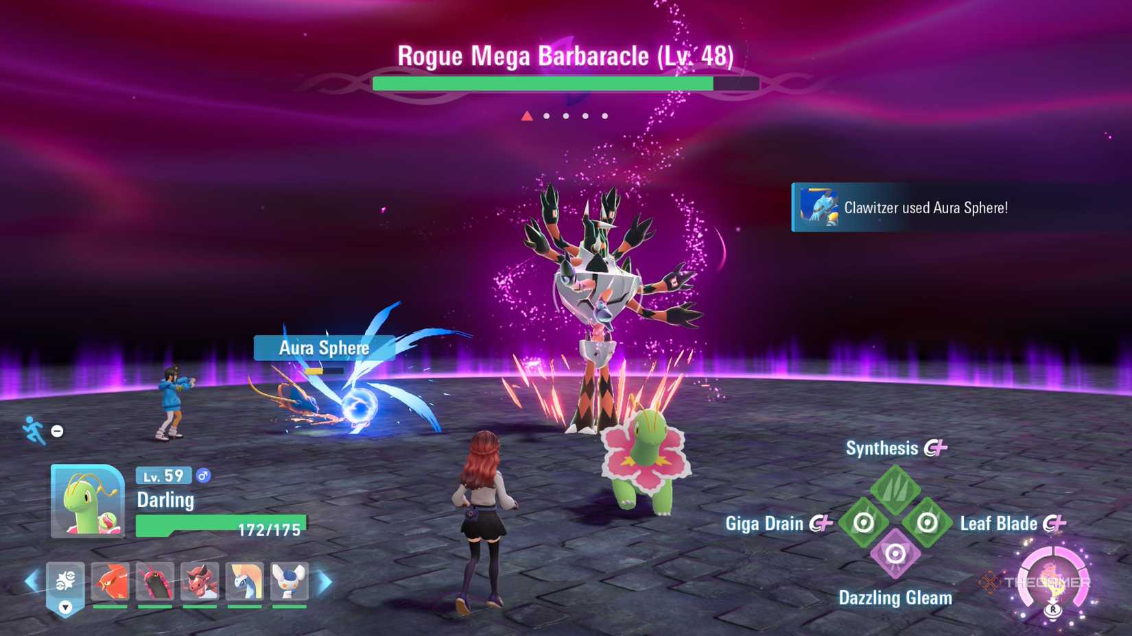 Meganium and player fight against Mega Barbaracle in Pokemon Legends: Z-A.