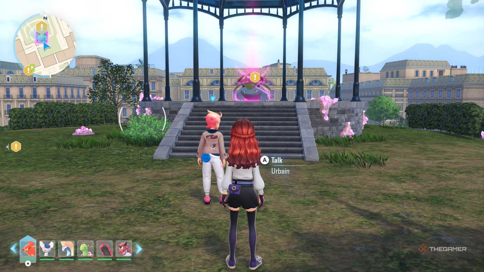 Player and Urbain stand in front of Mega Venusaur in Pokemon Legends: Z-A.