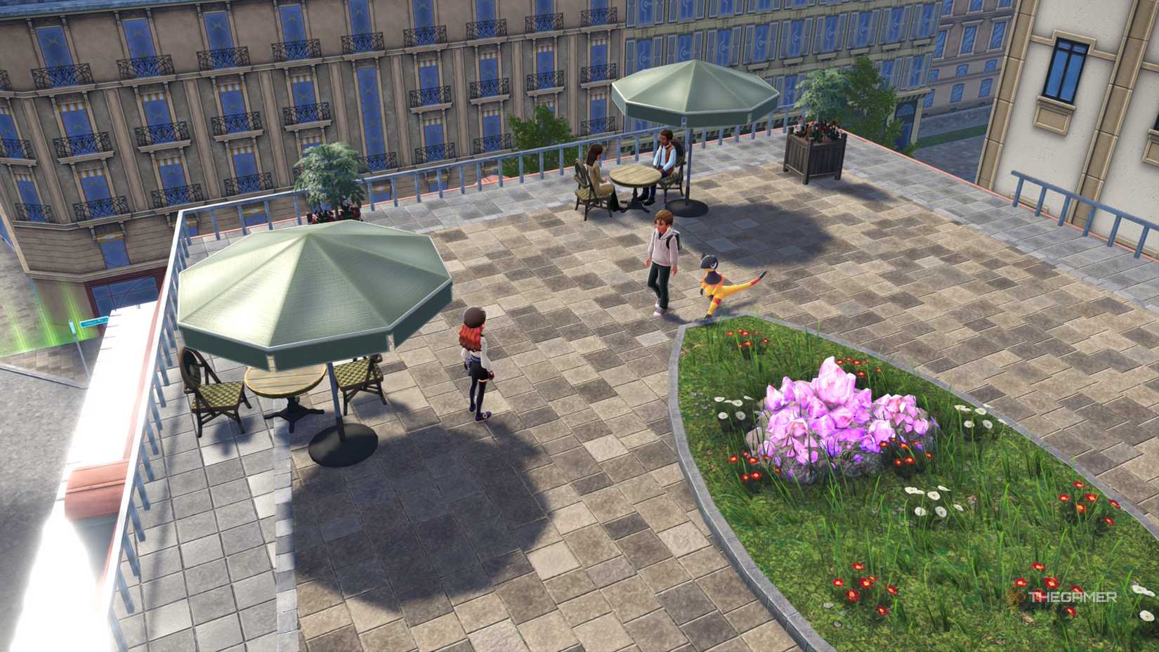 Trale and Heliolisk greet players on the roof of their apartment in Pokemon Legends: ZA.