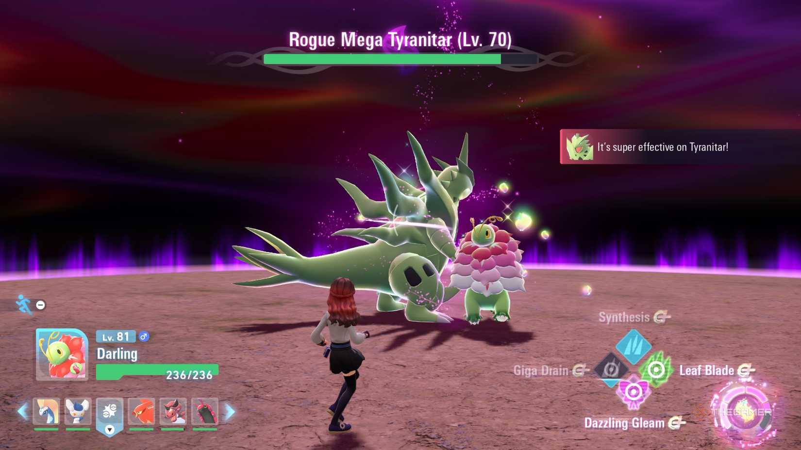 The player rematches Rogue Mega Tyranitar with Mega Meganium in Pokemon Legends: ZA.