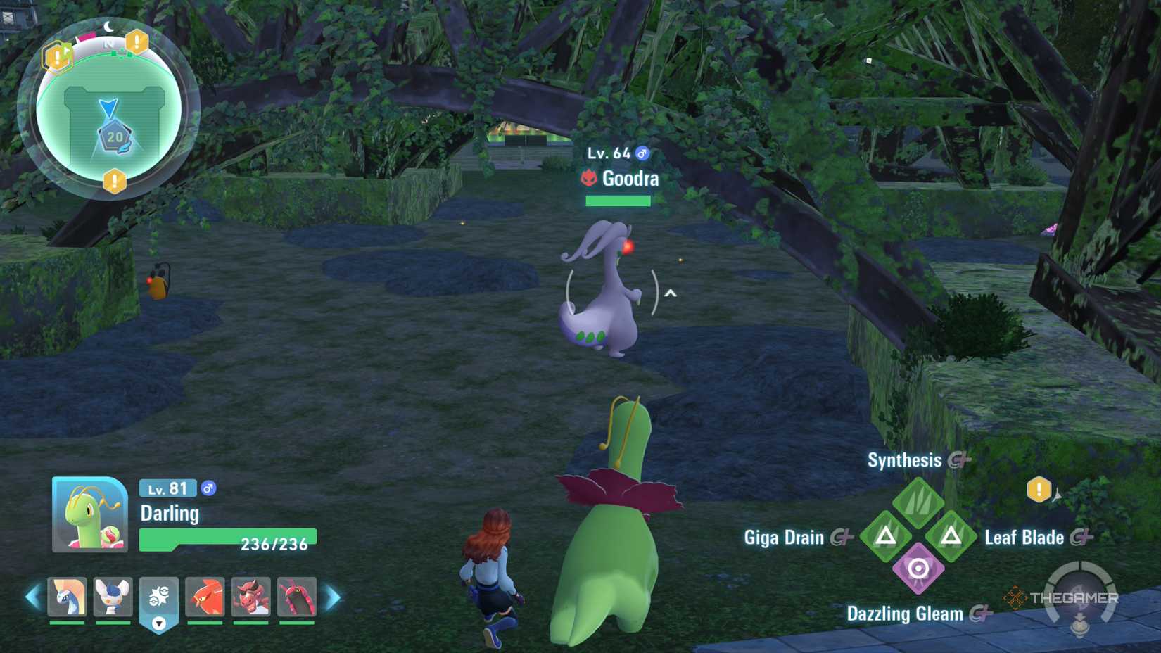 The player battles Alpha Goodra under the Prism Tower with Meganium in Pokemon Legends: ZA.