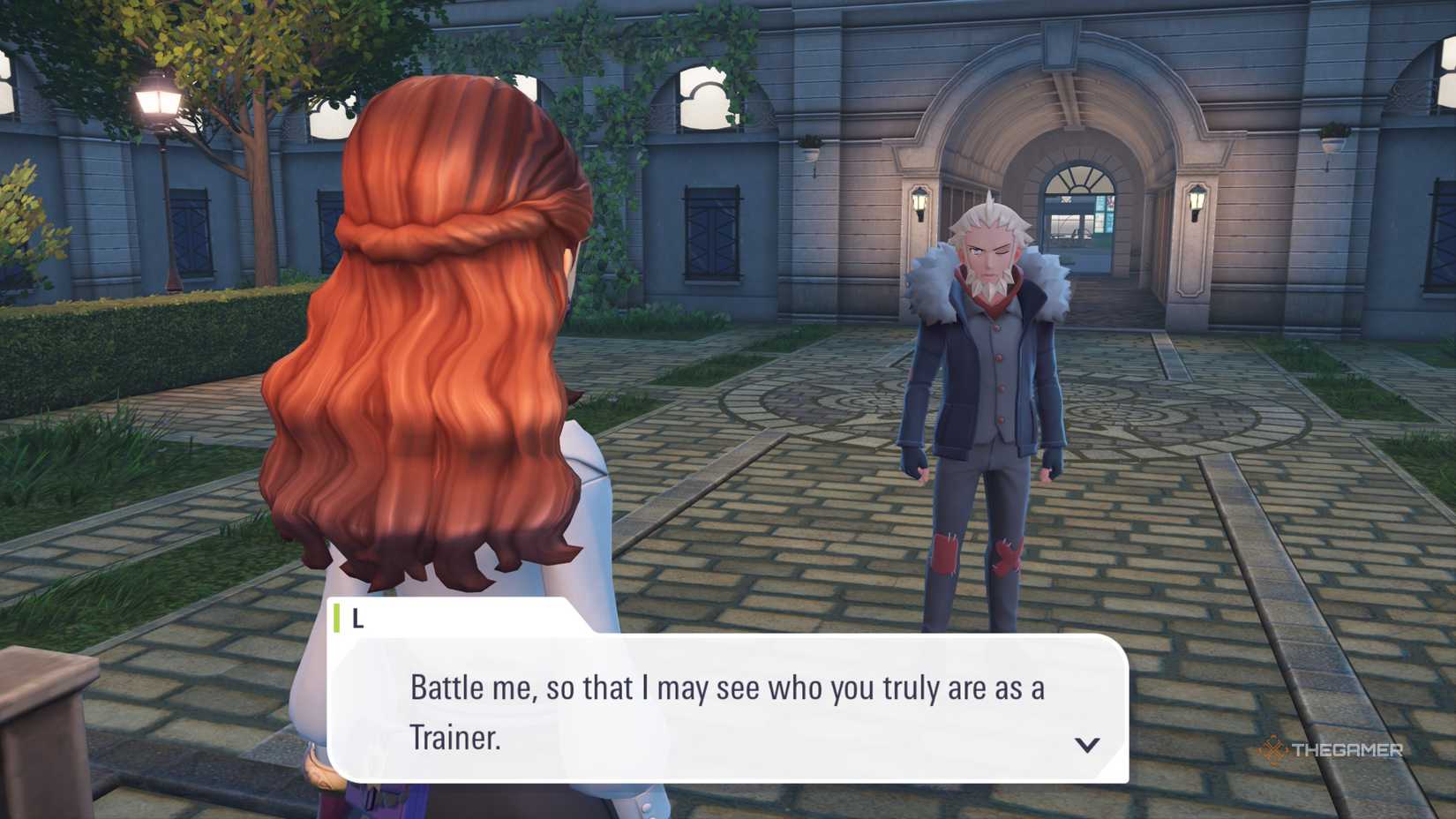 L challenges the player to a battle in front of Hotel Z in Pokemon Legends: ZA.