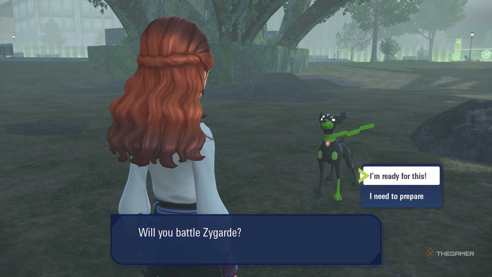 The player prepares to challenge Zygarde to a battle under the Prism Tower in Pokemon Legends: ZA.