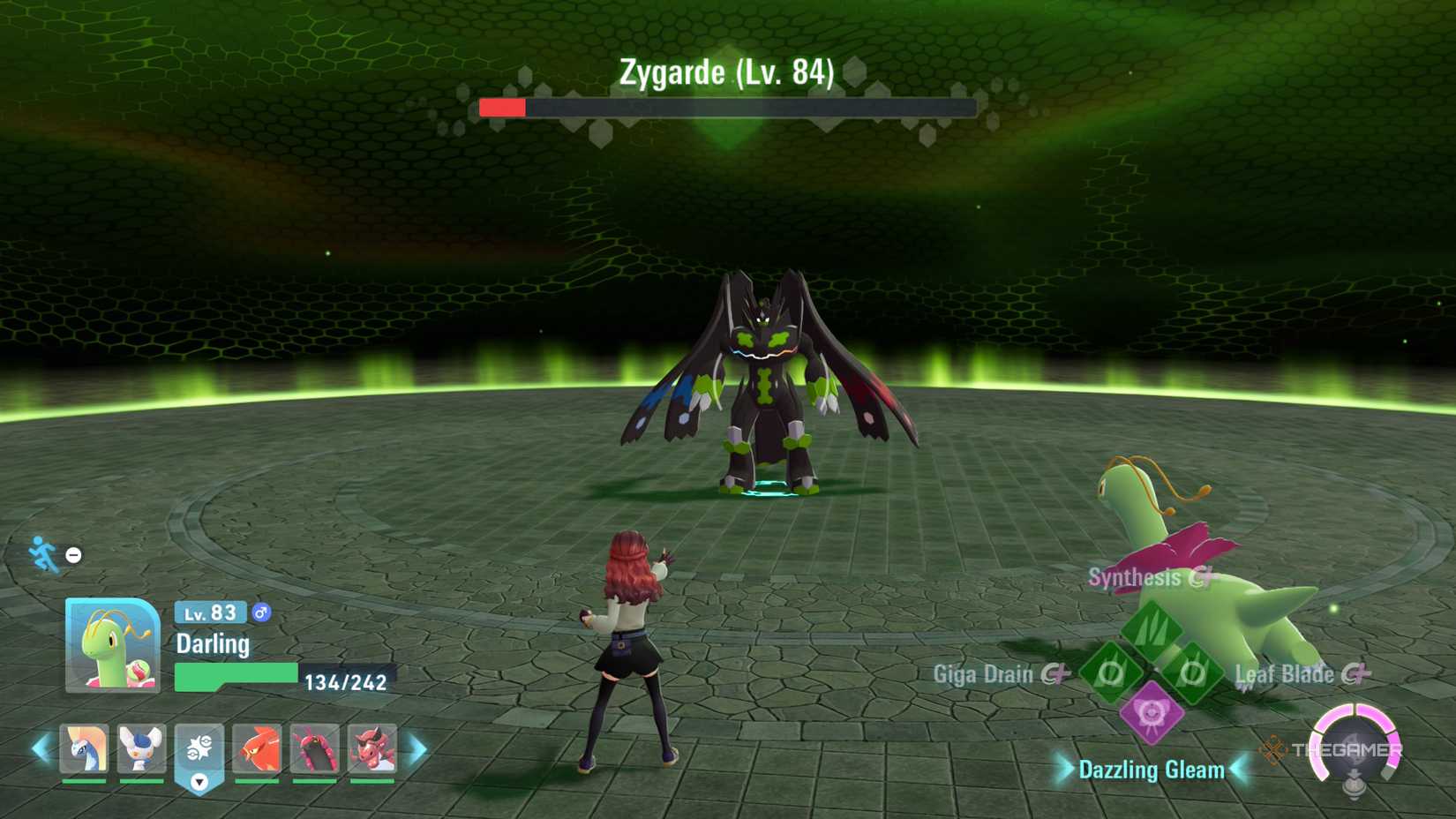 The player directs Meganium to battle Complete Form Zygarde in Pokemon Legends: ZA.