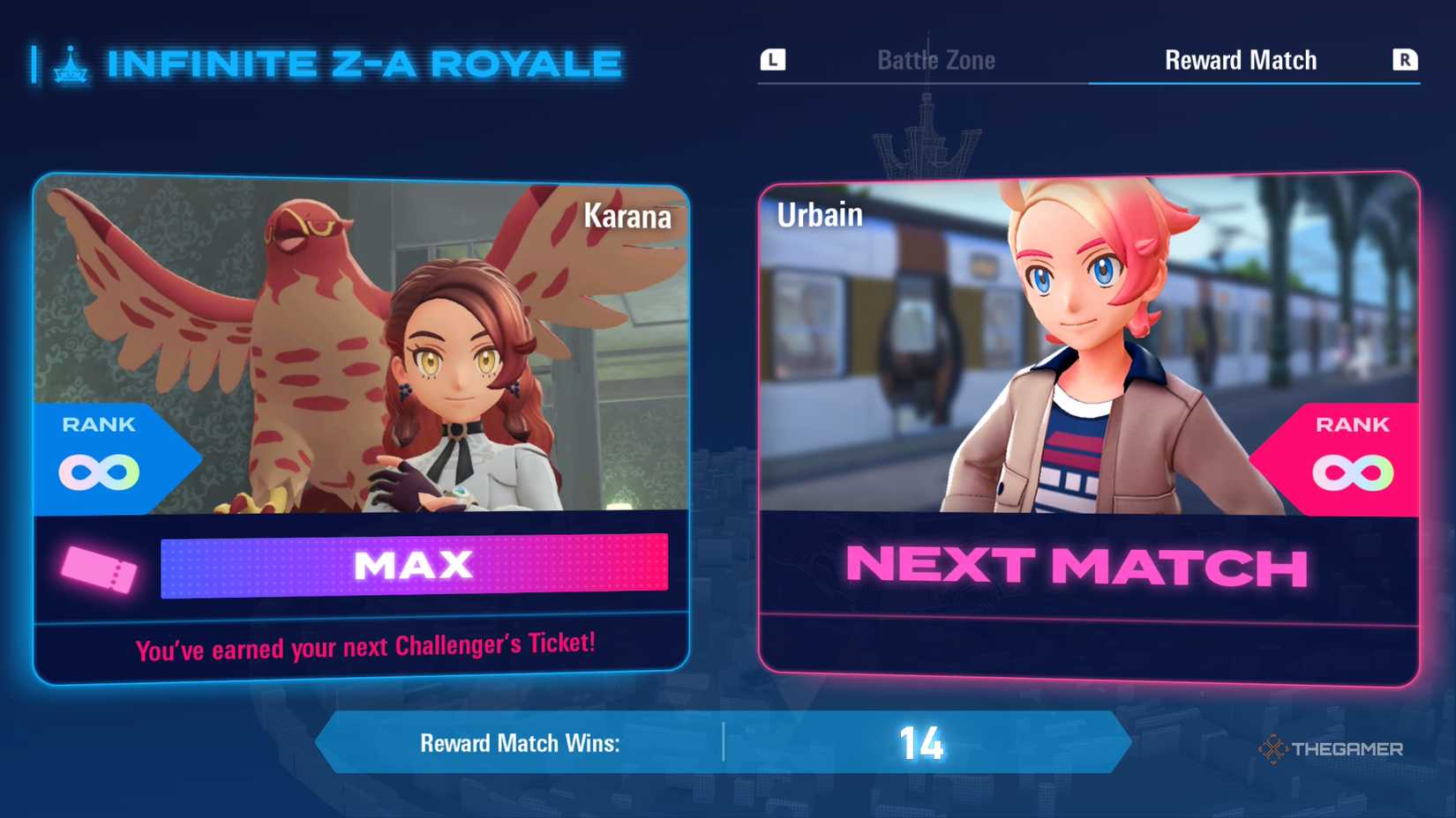 The player battles Urbain in a reward match in Infinite Royale in Pokemon Legends: ZA.