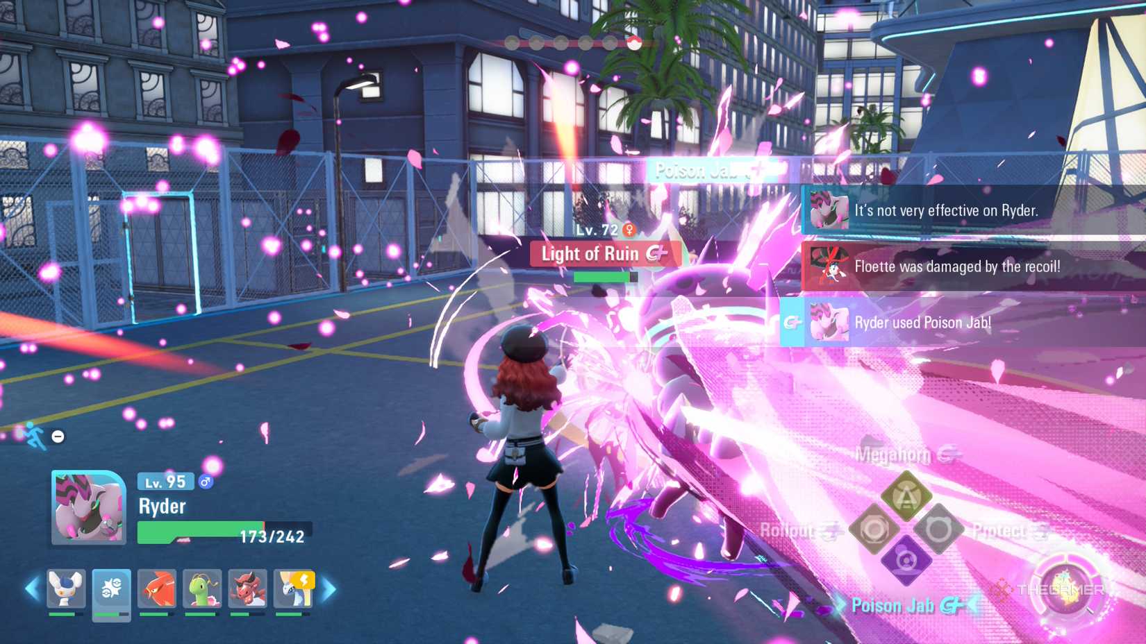 Mega Floette uses Light of Ruin on Mega Scolipede in Pokemon Legends: ZA.