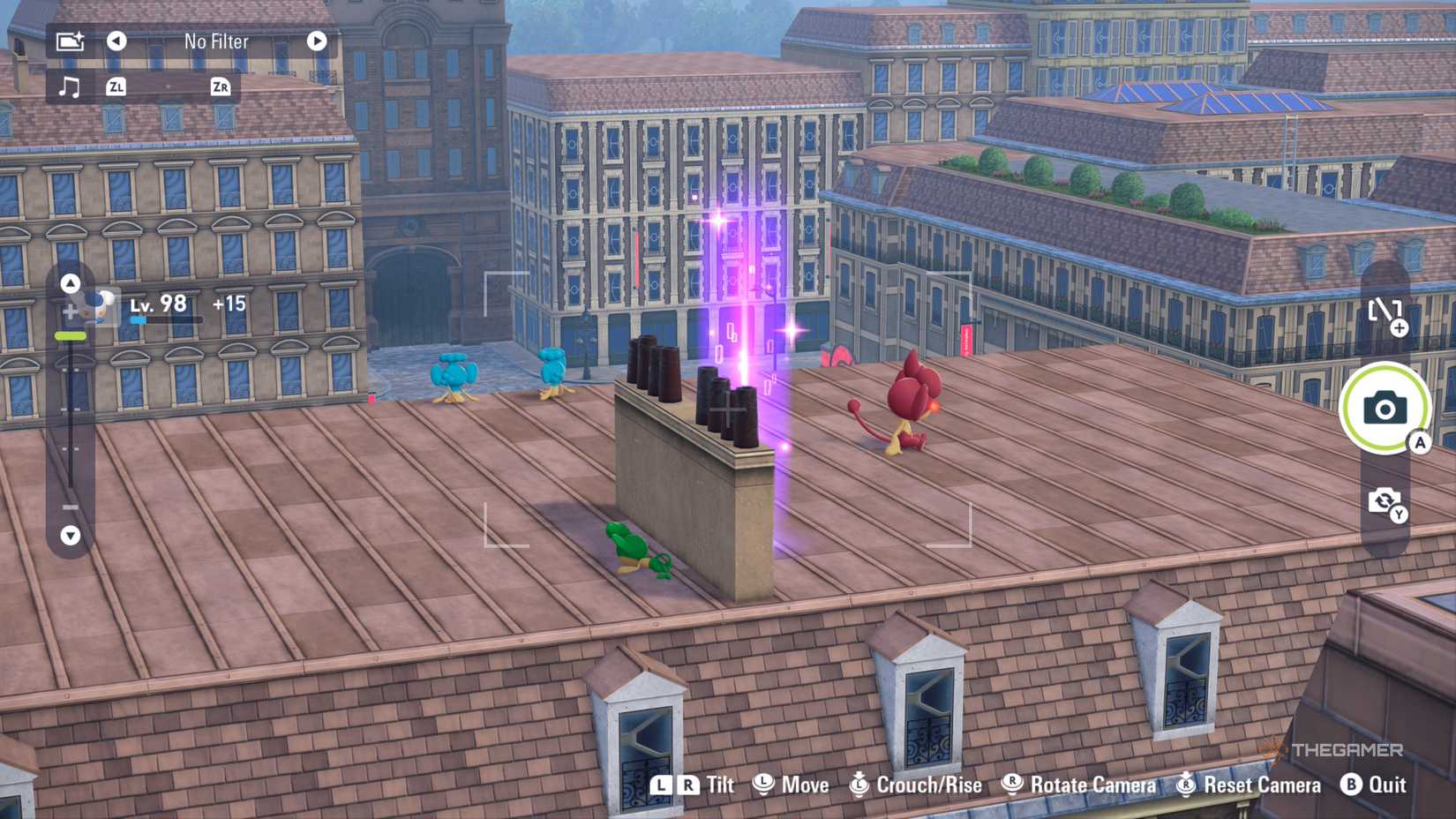 Pansage and Panpour appear around Alpha Pansear on the rooftops of Rouge Street in Pokemon Legends: ZA.
