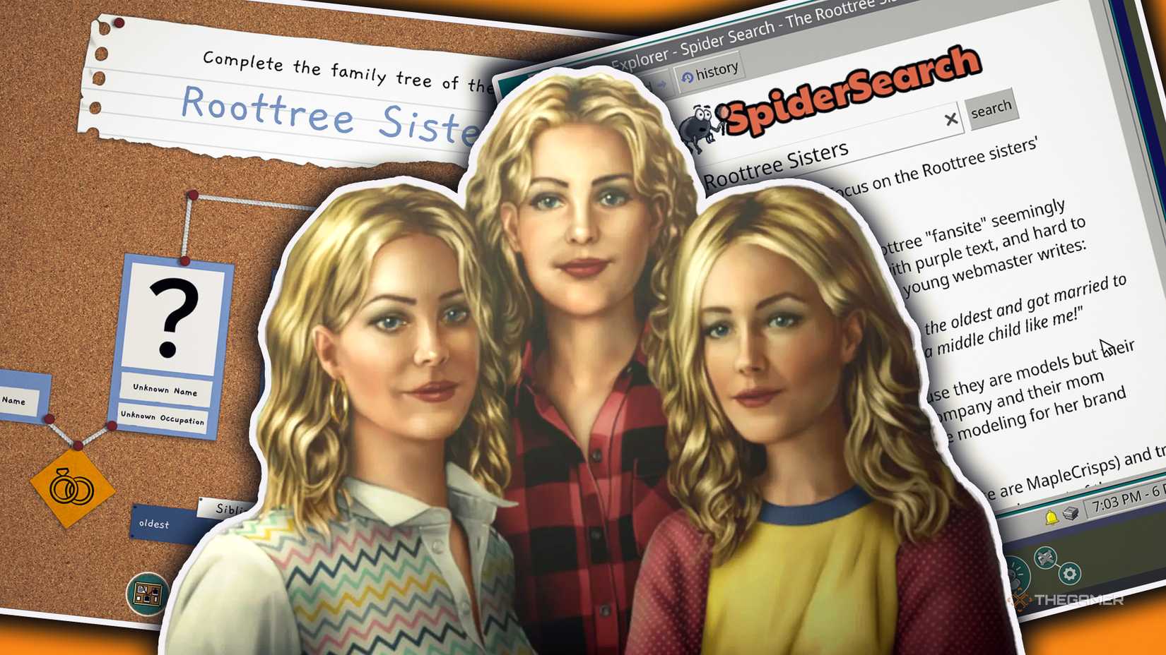 Screenshot overlaying images, family tree, and search engine from The Roottrees Are Dead.