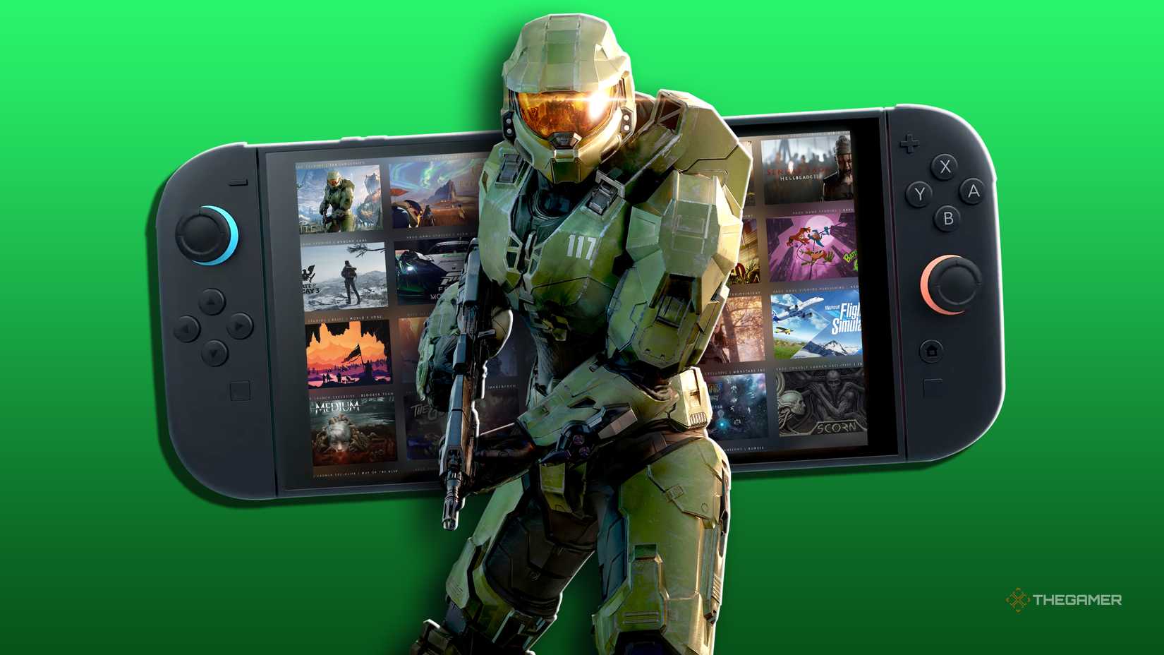 Master Chief stands in front of Switch 2 against a green background.