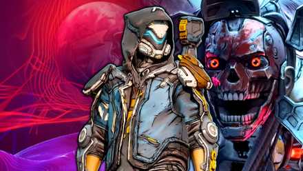 Rafa from Borderlands 4 (with Another Day, Another Universe level in the background and Callis in robot form on the right)