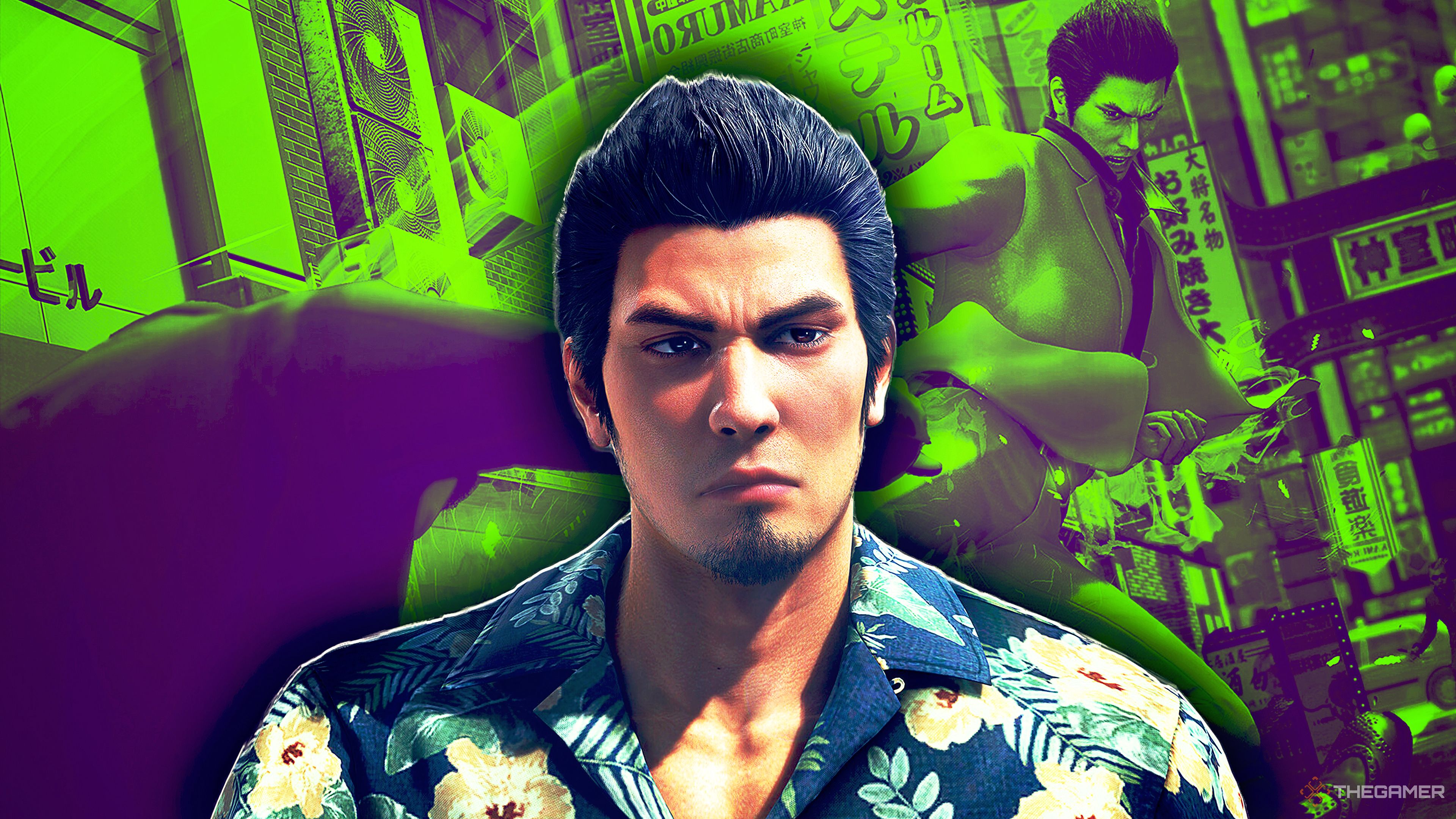 Kiryu Kazuma over a green background kicking an enemy.